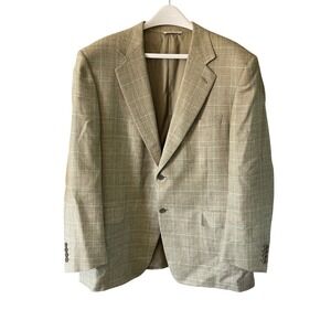 Canali Mens Silk Linen Wool Tan Plaid Blazer Sport Coat 56R Made in Italy